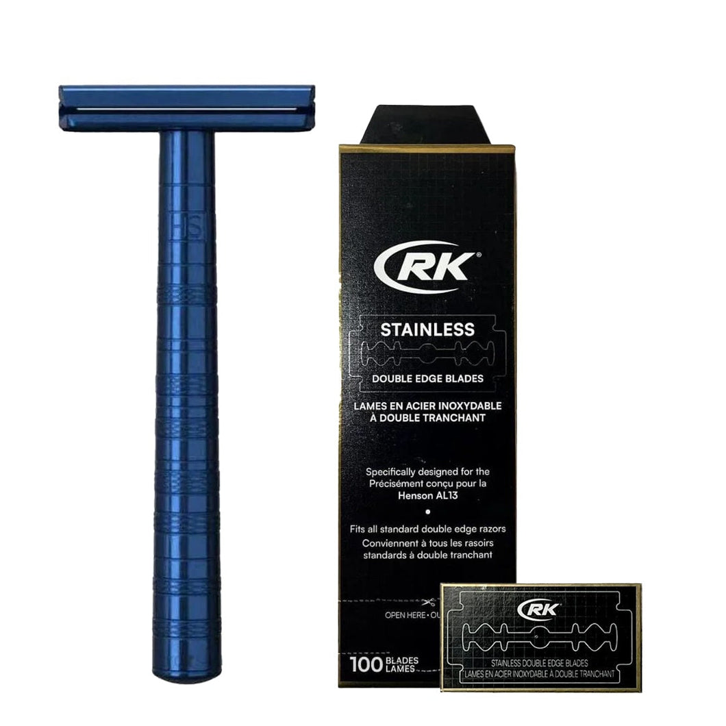 Henson Shaving AL13-M DE Safety Razor Steel Blue & Blades Bundle